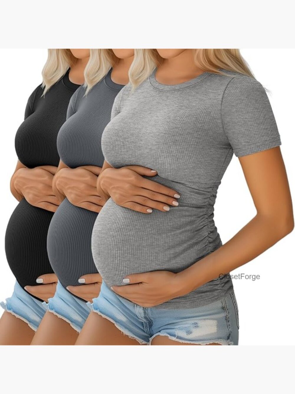3 Pack Maternity Tops Short Sleeve Side Ruched Cotton Ribbed T-Shirts